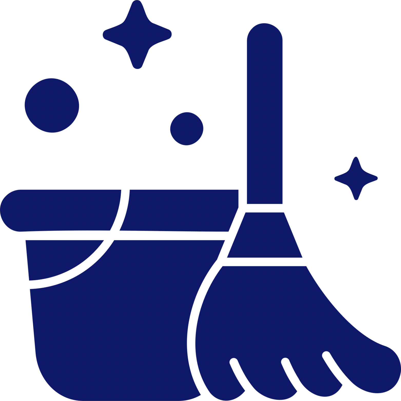 Icône bleu marine de seau et  d’une serpillière, symbole de nettoyage et d’entretien ménager.