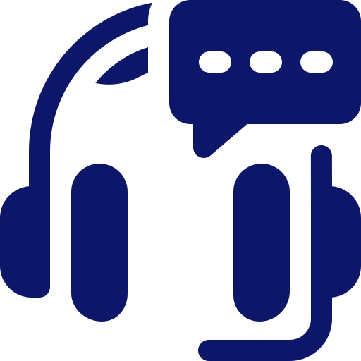 Icône bleu marine de casque audio avec bulle de dialogue à trois points, symbole du service client et de l’assistance.